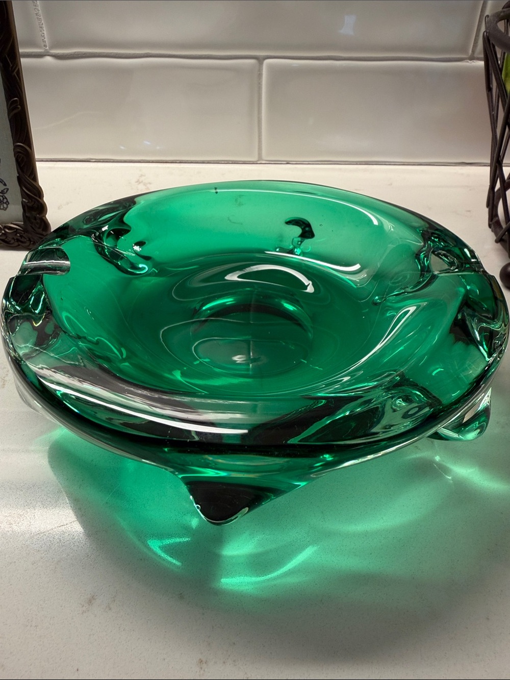 Vintage Murano Emerald Green Hand Blown Glass Ashtray (Heavy) So Beautiful!!!